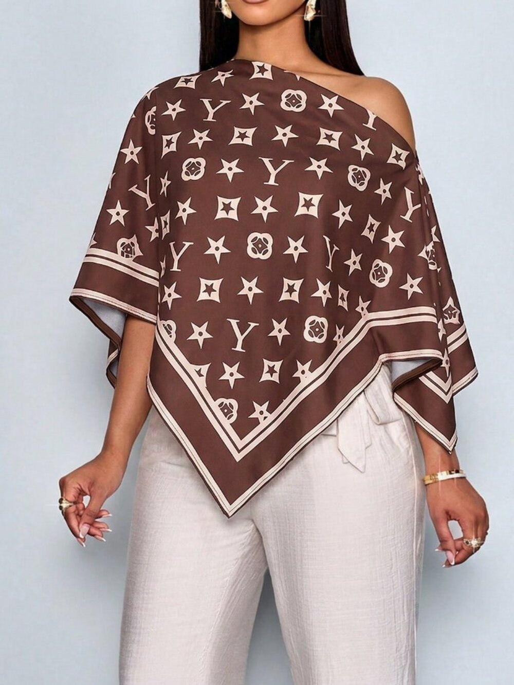 Brown Boho Women's Elegant Off-Shoulder Shirt Artistic Pattern Party Top - Picture 8 of 10